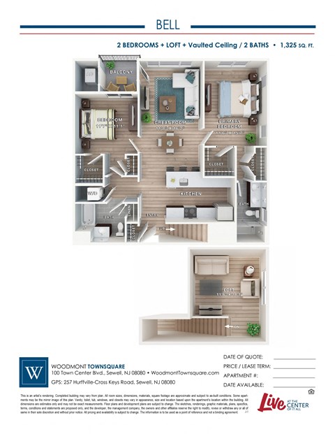 Floor plan for 2 beds, 2 baths, 1325 sqft